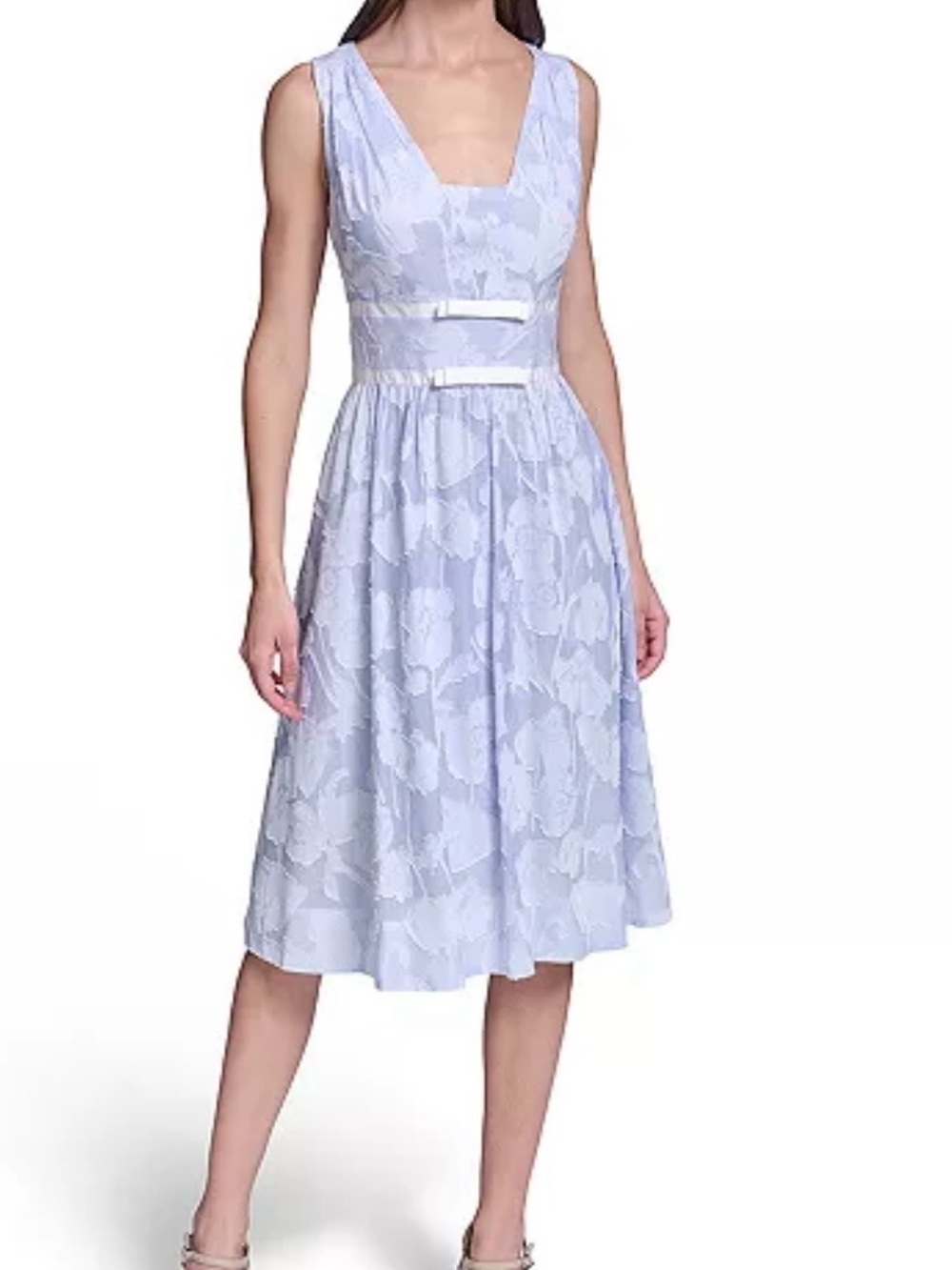 Karl Lagerfeld Paris NWT Blue White Floral Striped Bow V-Neck Midi Dress Sz 12